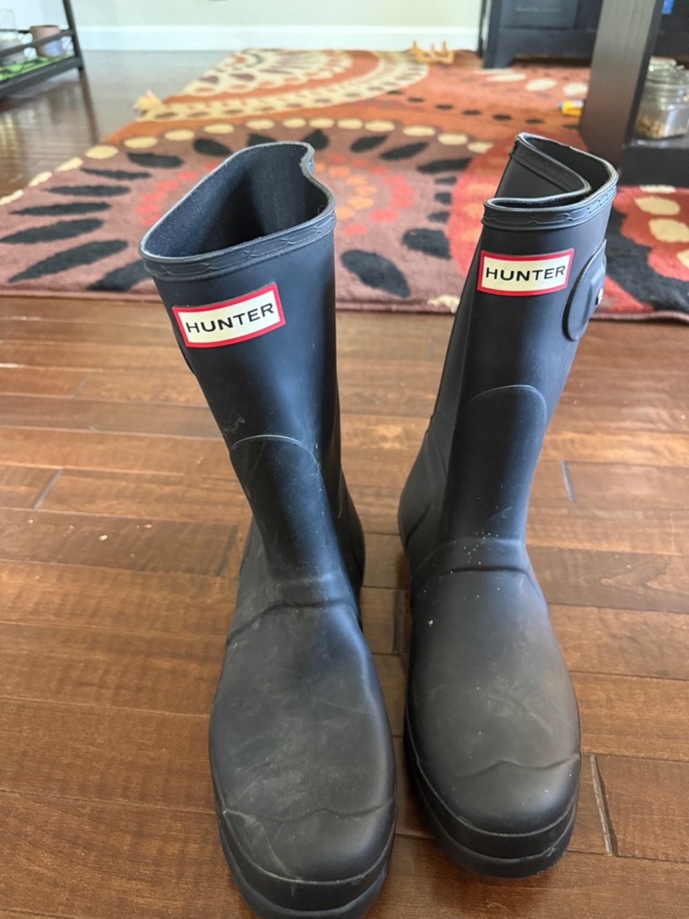 Hunter Matte Black Mid-Calf Rain Boots with Red Logo